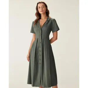 Green V Neck Pleated Button Midi Dress