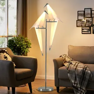 Silver Iron Bird Floor Lamp Standing Origami Double Crane Led Light Living Room