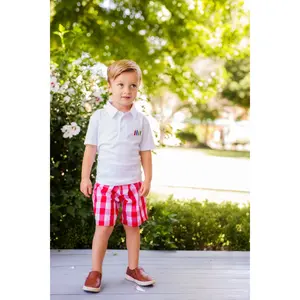 Scribble Boys' White Knit Crayon Embroidery Polo & Red Gingham Shorts Set