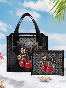 Transparent Mesh Double Handle Handbag, Cherry Leopard Pattern, Large Capacity, Multi-Functional Travel Bag, Skincare & Makeup Storage, Lightweight Tote Bag