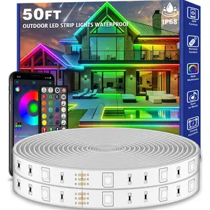 Outdoor LED Strip Lights Waterproof,Music Sync RGB IP68 Outside Led Light Strips Waterproof with App and Remote,Exterior Led Rope Lights for Deck,Balcony,Roof,Garden,Pool (50FT)
