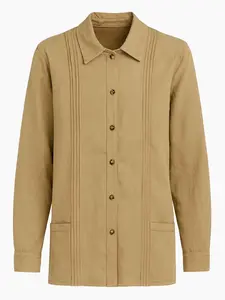 Men's Long Sleeve Beige Guayabera with Pintuck Detailing & Button Front Closure for Stylish Comfort - LG
