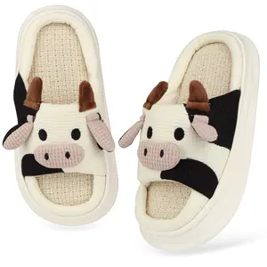 Cute Cotton Cow Linen Slippers with A Sense of Stepping on Poop Indoor Use   Outdoor Wear And Anti Slip  Walking Shoes  Thick Soled Sandals  Footwear Soft Warm
