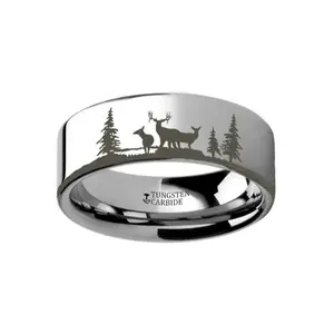 Animal Landscape Scene - Deer Stag Mountain Range Ring - Laser Engraved - Flat Tungsten Ring - 4mm - 6mm - 8mm - 10mm - 12mm