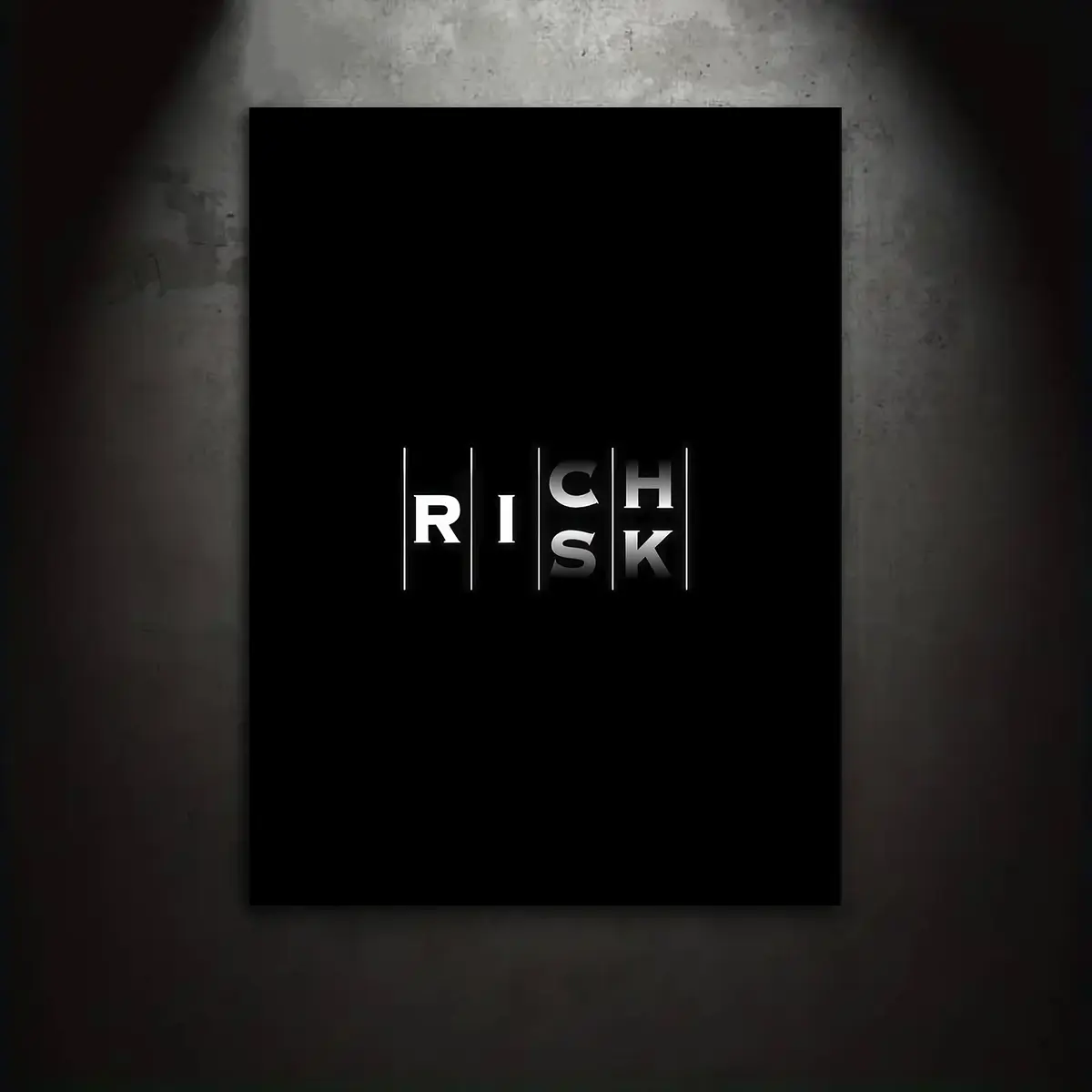 “Risk Rich” split text canvas artwork with a black background and minimalist typography; motivational 2D flat-print canvas wall art poster ; wall decoration for home and bedroom; simple bedroom décor;perfect gift for entrepreneurs’ bedrooms and workspaces