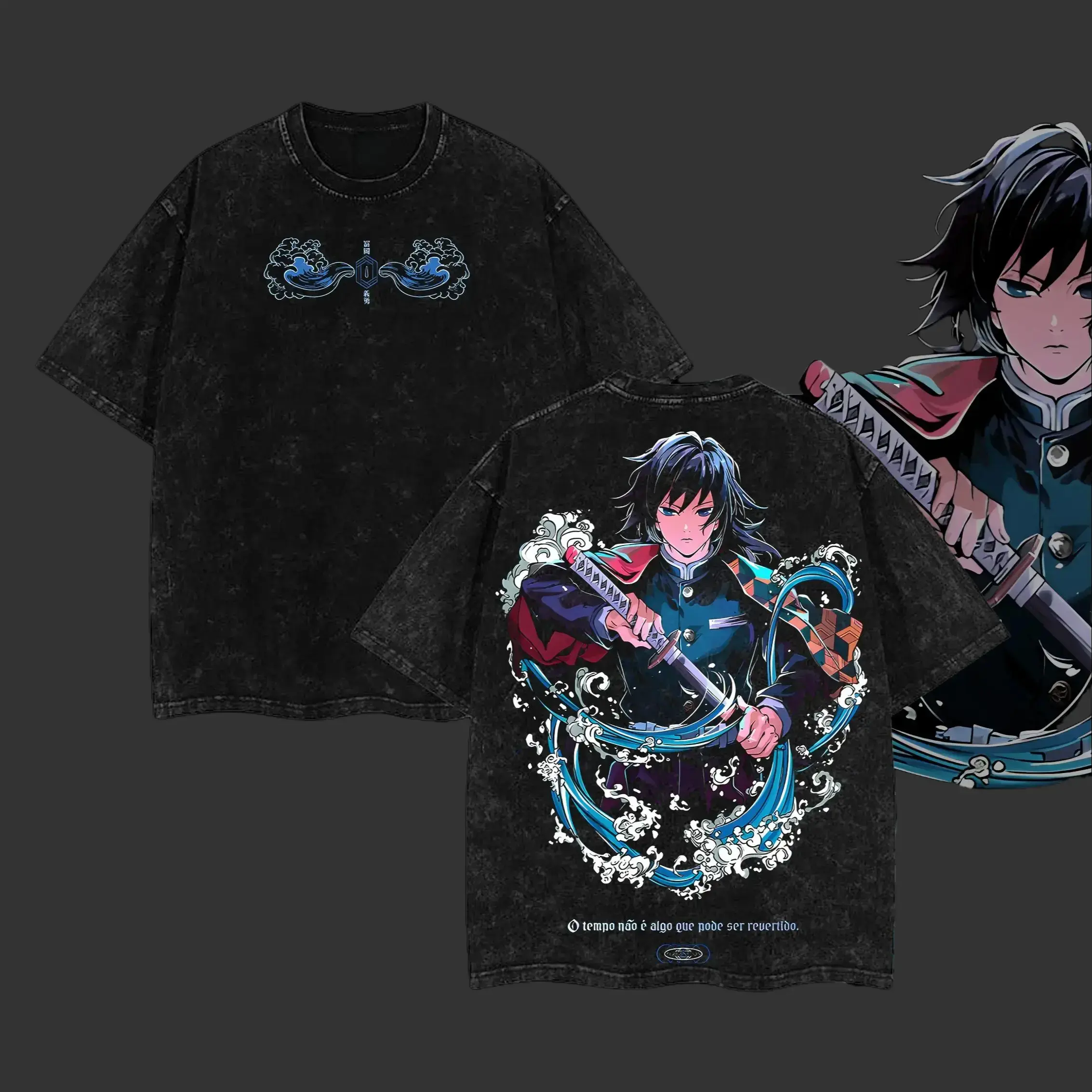 Men's Classic Vintage Washed Acid Wash Oversized Short-Sleeve T-Shirt, Demon Slayer Giyuu Tomioka Apparel, Front Wave Cloud Symbol Print, Water Hashira Sword Anime Graphic, Menswear Otaku Streetwear Casual Tee, Shortsleeve