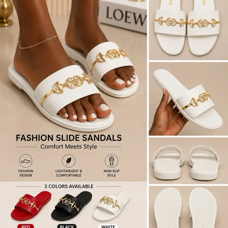 Women’s Fashion Slide Sandals with Gold  Walking Shoes Girl Summer Footwear Weight WedgeChain – Comfortable Non-Slip Open Toe Flat Slip-On Sandals