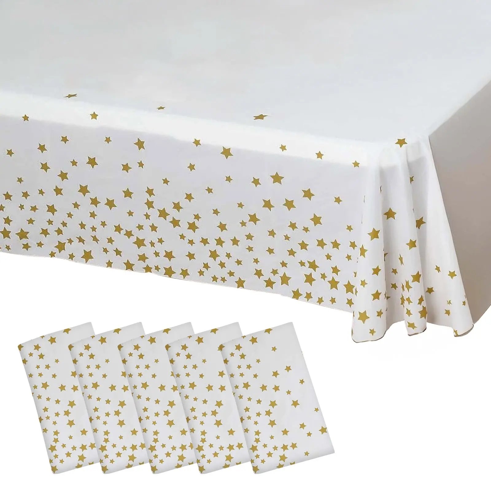 Disposable Heavy-Duty PVC Plastic Tablecloths (5-Pack, 5 Tablecloths, White Rectangle 54"x108" with Gold Stars) - Weatherproof, Non-Washable Party Decoration for Black and Gold Theme Party, Thanksgiving, Outdoor Table Use