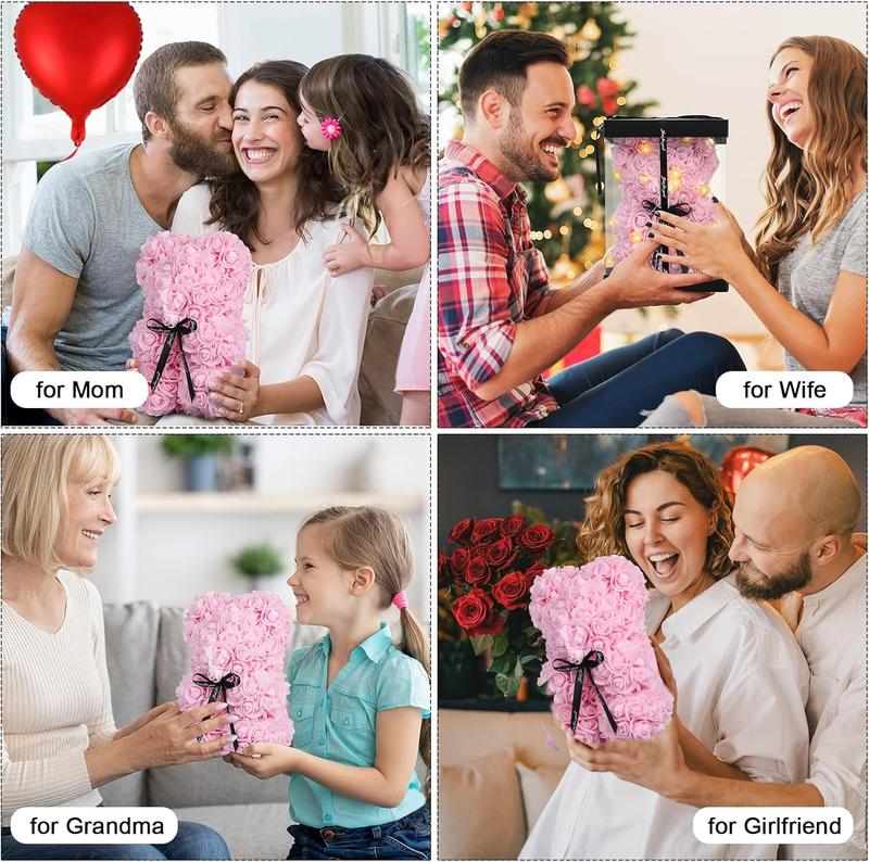 Rose Bear Christmas Flower Gifts for Her, Rose Teddy Bear with Lights, Cute Teddy Flower Bear, Birthday Gifts for Girl, Cute Romantic Gifts for Wife Girlfriend with Transparent Gift Box and Love Card