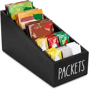 5-Section Large Capacity Seasoning Packet Organizer with Removable Dividers,Wooden Black Snack Organizer,for Kitchen Pantry Cabinet, Farmhouse Kitchen Organization Bin for Spice Packets Storage Basket