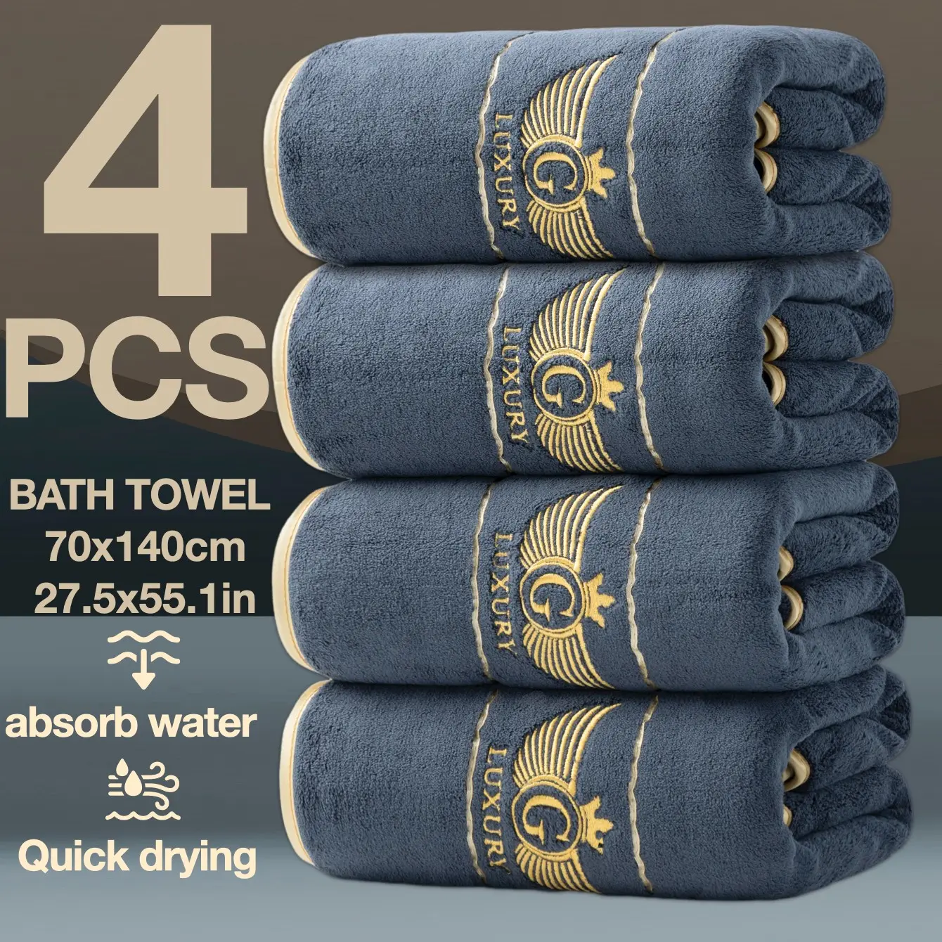 4-Pack Luxury Gold Thread Embroidered Bath Towels, Thick Ultra-Fine Fiber, Quick-Dry High Absorbency, Soft Skin-Friendly, Hotel Quality, Large Bath Towels, Quick Drying Towels