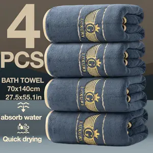 4-Pack Luxury Gold Thread Embroidered Bath Towels, Thick Ultra-Fine Fiber, Quick-Dry High Absorbency, Soft Skin-Friendly, Hotel Quality, Large Bath Towels