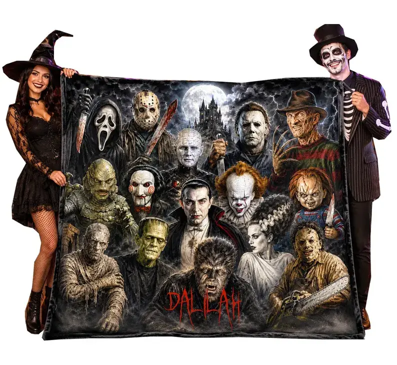 Personalized Horror Movie Villains Collage Throw Blanket, Custom Name Gothic Spooky Character Flannel Blanket, Halloween Horror Lover Warm Sofa Bed Decor Blanket Custom Name Horror Characters Blanket | Spooky Halloween Soft Flannel Throw