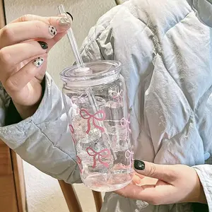Bow Pattern Travel Water Bottle, Tumbler with Lid, 1pc 16oz Water Cup with Lid & Straw, Ice Coffee Cup, Drinking Cup for Home Office School Picnic Party