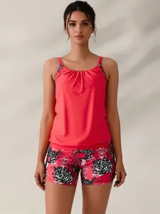 Women's Blouson Tankini Set Black Floral Two-Piece Swimsuit with Shorts, Chic Swimwear Bathing Suit for Vacation Beach Pool Summer Resort, Women's Swimwear, Bathing Suit for Women, Tankini Swimsuit Set, Two Piece Bathing Suit