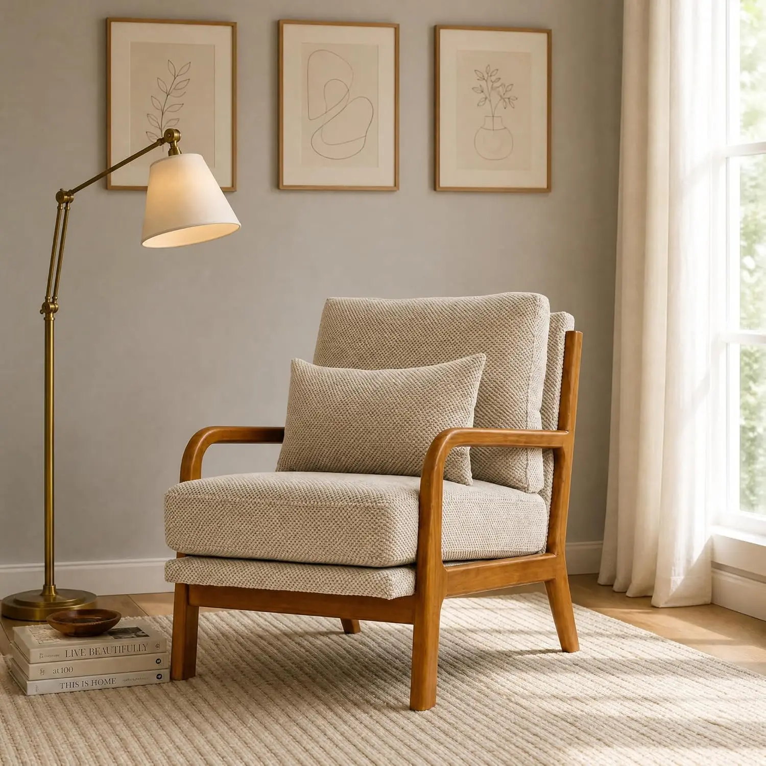 Mid-Century Modern Accent Lounge Chair, Solid Wood Armrest & Frame, Nubby Textured Upholstered Chair with High Density Foam Cushion, Comfy Leisure Chair for Living Room Bedroom Office(Camel)
