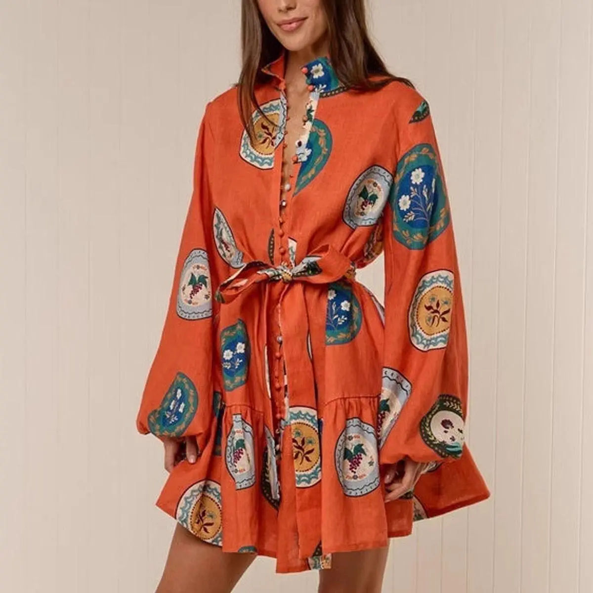 Women's Vintage Woven Tiered Boho Mini Dress - Exotic Porcelain Print, Long Lantern Sleeves, Matching Sash, Ruffle Details, Ethnic Design, Lightweight Polyester Casual Shirt Dress for Vacation, Boho Clothes, Stylish Women's Wear, Festival Wear Women
