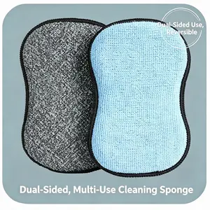 8-Character Flat Kitchen Sponge Block, Steel Wire Strong Cleaning, Blue Microfiber Absorbent, Dual-Sided Sponge for Kitchen Use