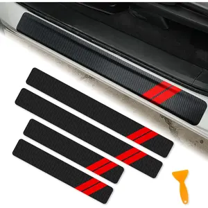 Door Sill Protector for Dodge Charger Challenger Durango Accessories Car Door Entry Guard Sill Protector with Plastic Scraper Carbon Fiber Leather Threshold Stickers(Red, 4PCS)