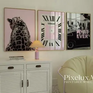 Pink Aesthetic Leopard Wall Art Set, Pink Black Y2k Fashion Print, Preppy Stylish & Cool Girl Aesthetic Art for Dorm Room, Collage Apartment