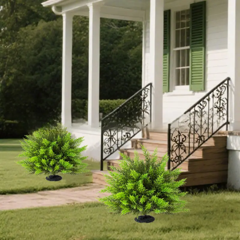 2 sets of artificial pine and cypress hedge with ground anchors - UV-resistant realistic imitation plants, low-maintenance indoor and outdoor faux shrubs, suitable for Christmas, porch, garden, year-round decoration (snow-covered appearance, plastic cones