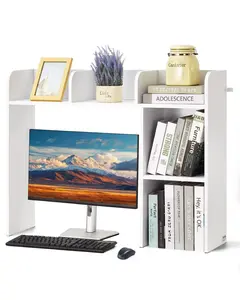 2-Tier Desktop Bookshelf Storage Organizer, 37.2" x 9.5" x 28.9" Wood Office Rack Display Shelf, Hutch With Anti-Slip Feet, Ideal for Office, Home, Dorm, White Durable Wood Finish, Smooth Edges, Easy Assembly