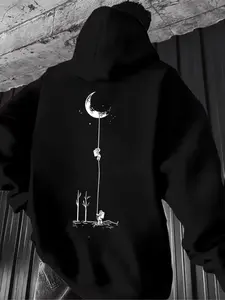 Men's Heavyweight Moon and Wood Geometric Design Hoodie, Winter Warm Long Sleeve Top, Casual Loose Fit for Cold Weather, Unisex Fleece Pullover