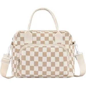 Women's Cute Insulated Lunch Bag Cooler Lunch Tote Box - Beige Brown Plaid, Perfect for Work Picnic, Durable and Portable