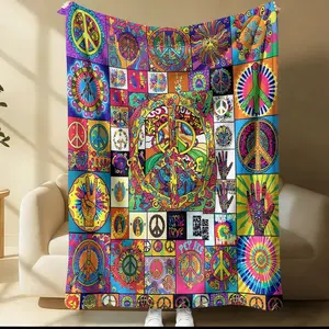 Colorful Hippie Peace Sign Print Flannel Throw Blanket (1 Piece), Boho Psychedelic Patchwork Soft Blanket, Perfect for Sofa, Bed, Travel & Gifting