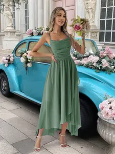 Women's Elegant Formal Thin Strap Asymmetrical Hem Maxi Dress, Lace Skirt, Sleeveless, Perfect for Wedding Bridesmaid, Garden Party, Engagement, Evening