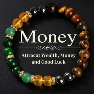 1pc Tiger Eye Beaded Money Attracting Bracelet, Natural Black Yellow Tourmaline Onyx Wealth Attraction Bracelet Fashionable Accessory for Daily Wear, Christmas Jewelry Gift Money Bracelet