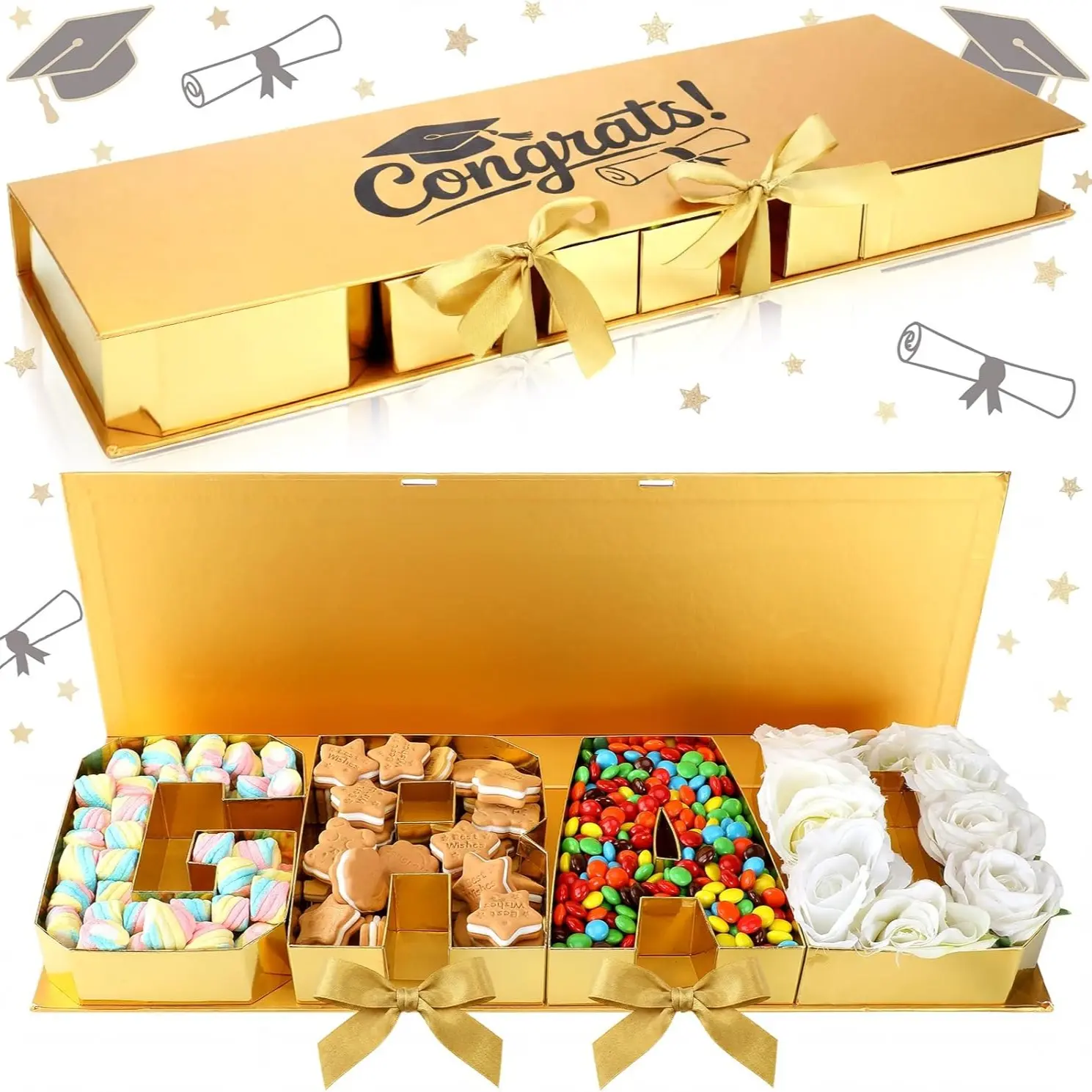 Gold/Black Graduation Gift Box Set (16.5in) 2026 with Card Grad Letter Shaped Fillable Cardboard Box, DIY Graduation Box, Grad Letters Tray Boxes for Graduates High School College Party Favors, Graduation Gift Wrapping Gift Package