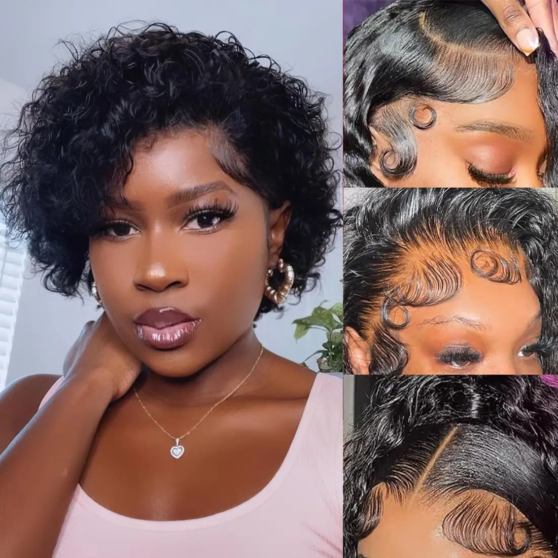Pixie Cut Wig Transparent Lace Front Human Hair Wig Short Kinky Curly Bob Wigs Brazilian Water Wave Human Hair Wigs For Women