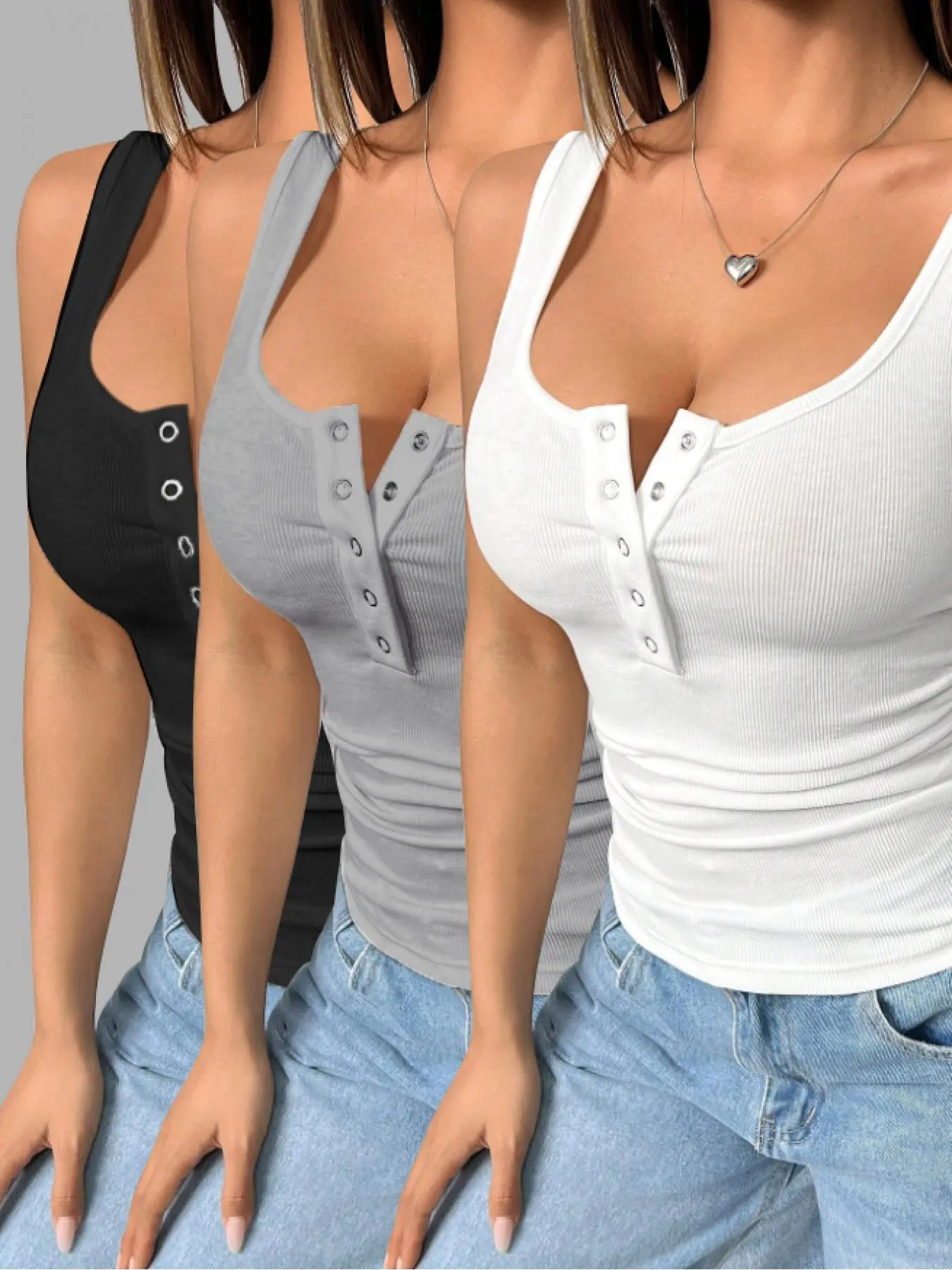 Women's Solid Color Snap Button Vest, Casual Comfortable Sleeveless Button Closure Tank Top for Summer, Ladies Clothes for Daily Wear