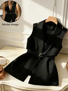 A French retro black suit with a vest and waistband that accentuates a slim and stylish sleeveless jacket for women, suitable for all seasons, home, indoor, and outdoor wear, Trendy Blazer, Blazer Outfits