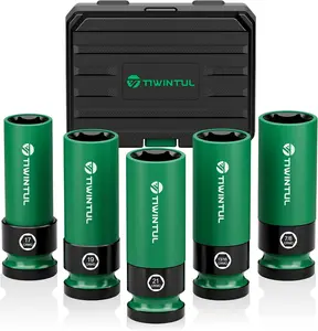 1/2" Wheel Protector Impact Socket Set, 5Pcs Non-Marring Lug Nut Socket Set, CR-MO Steel, 6-Point Thin Wall Deep Socket Set, Color-Coded Protective Sleeves- Metric 17 19 21 mm, SAE 13/16 7/8"
