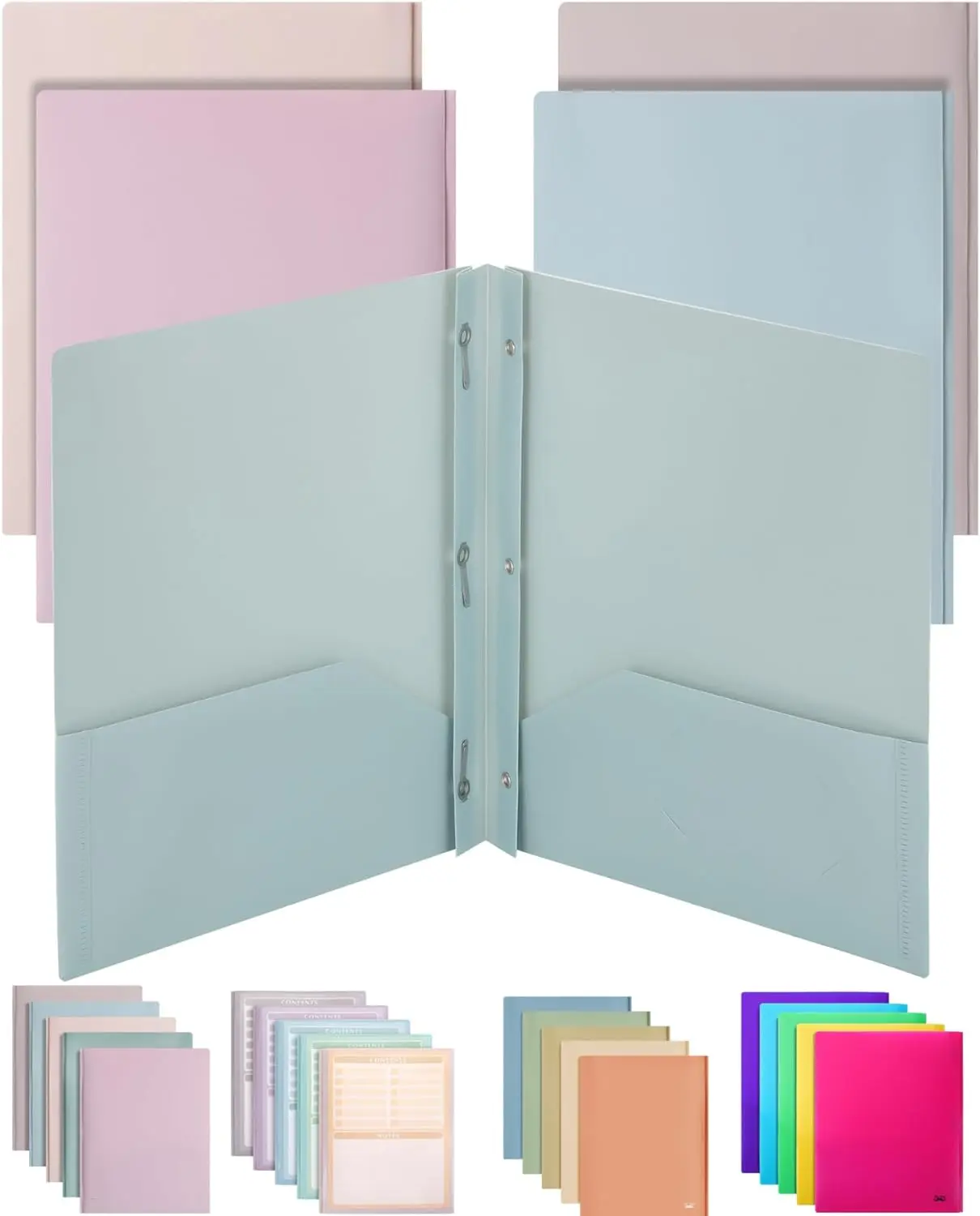 Plastic Folders with Pockets and Prong, 5 Pack, Muted Pastel Colors
