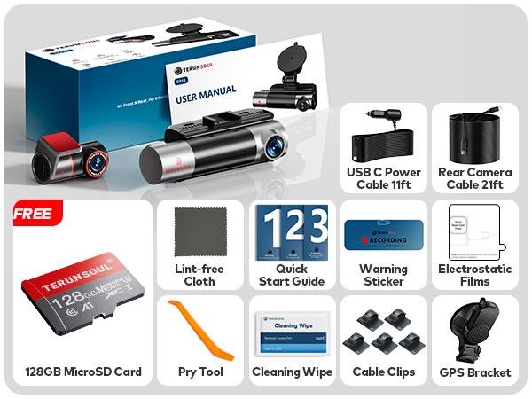 TERUNSOUL 4K Dual Dash Cam with Front-Rear Camera Options, Triple Camera Variant, GPS, 5GHz WiFi App Control, 128GB Card Included, Night Vision, 24H Parking Mode dashcam sohochic