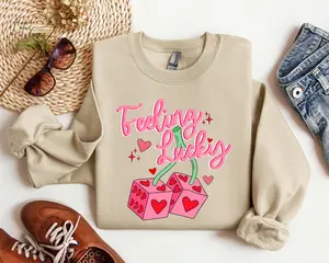 Feeling Lucky Sweatshirt, Cute Valentines Sweatshirt, Lucky Girly Shirt, Trendy Cherry Hoodie Cotton Fabric