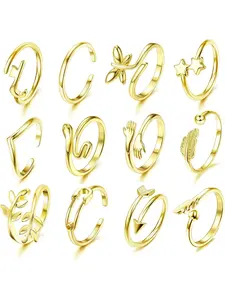 12 Pcs Golden Delicate Open Ring Set for Women Men Premium Copper Polished Golden Finish Adjustable Open Designs Feather Arrow Star Leaf Snake Butterfly Hug Patterns Delicate Minimalist Rings Adjustable To Fit Most Finger Sizes for Stacking Layering