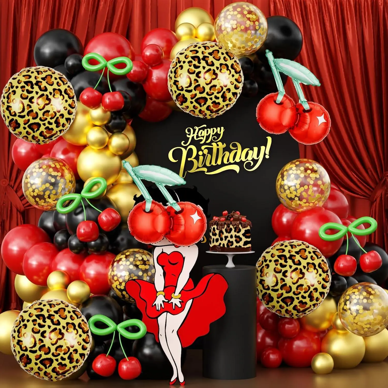 170Pcs Betty Party Decorations,Cheetah Print Red And Black Party Decorations With Gold Confetti Cherry Cheetah Print Green 260 Balloons For Bachelorette Birthday Baby Shower Vintage Retro Party
