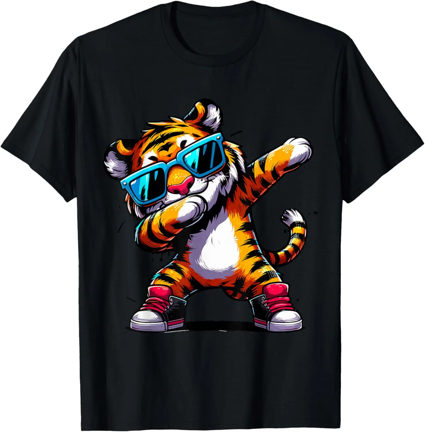 Men's Dabbing Tiger Graphic T-Shirt - 100% Natural Cotton Sports Menswear, Regular Fit Short Sleeve Crewneck Fashion Apparel, Soft Breathable Fabric, Casual Streetwear Top, Machine Washable