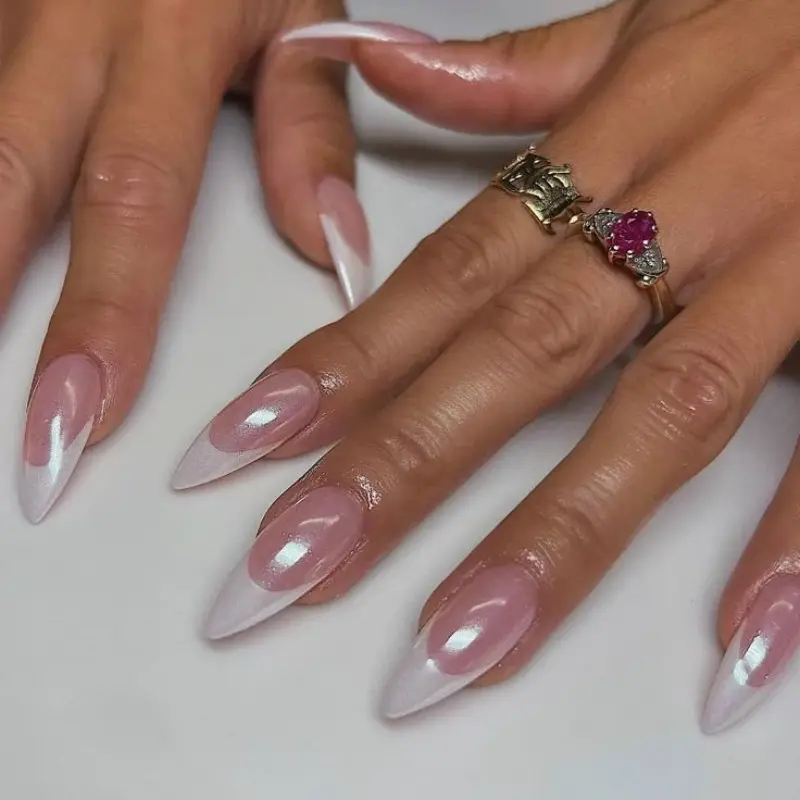 24pcs Long Almond Shape Press-On Nails, French Tip Design, Transparent Nude & Aurora, Easy Peel-Off, Long-Lasting, High Transparency, Nail Decoration, Almond Fake Nails
