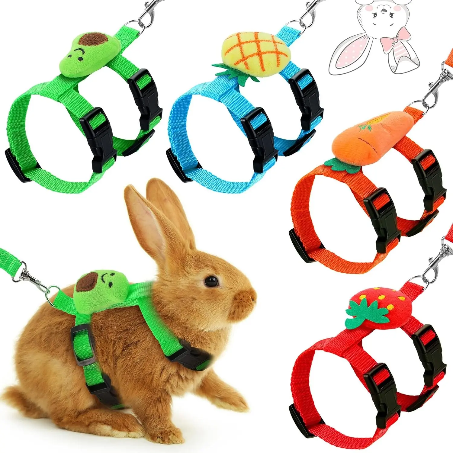 4Pcs Adjustable Bunny Rabbit Harness and Leash Set Small Pet Cute Vest Harness Leash with Decoration for Bunny Ferret Small Pets(Fruit) M size - Home Improvement., Walking Harness