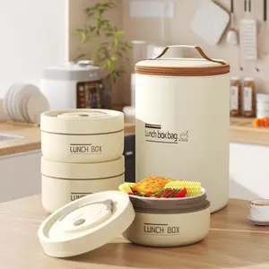 4 Pcs Insulated Bento Box Portable Stainless Steel Food Container Round Microwave Safe Stackable Leakproof Thermal Food Container for Adult Men Women with Insulated Bag(Beige)