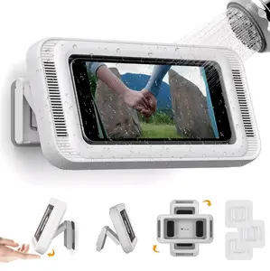 Waterproof Shower Phone Holder with 360° Rotation, Angle Adjustable, Enhanced Sound Quality, Wall Mounted Phone Holder for Bathroom Mirror Bathtub Kitchen, Up to 7 Inch (White)