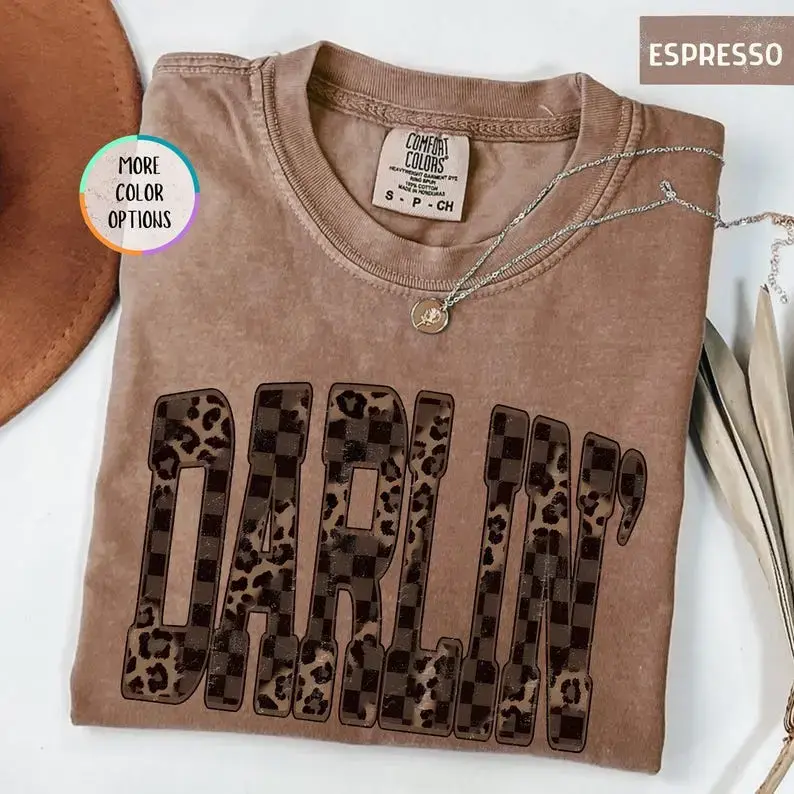 Comfort Colors Leopard Darlin T-shirt, Western Shirt, Checkered Cowgirl Tee, Southern Style Shirt, Cowboy Quote Tee, Country Music Fan Gift