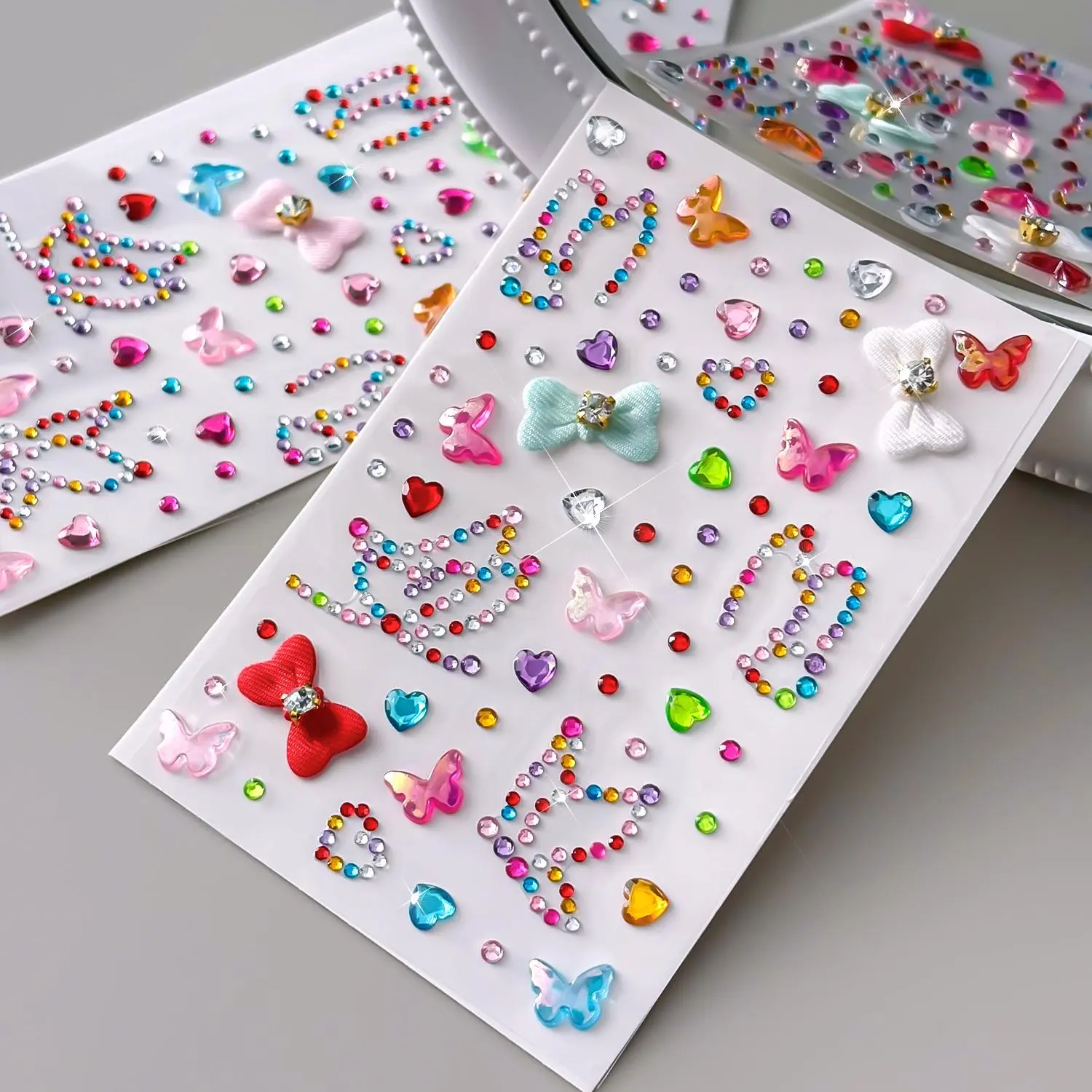 1Pc 3D Rainbow Rhinestones Butterfly Face Gem Sticker Dopamine Diamond Heart Satin Bow Self-adhesive Face Tatoo Decal Face Jewel