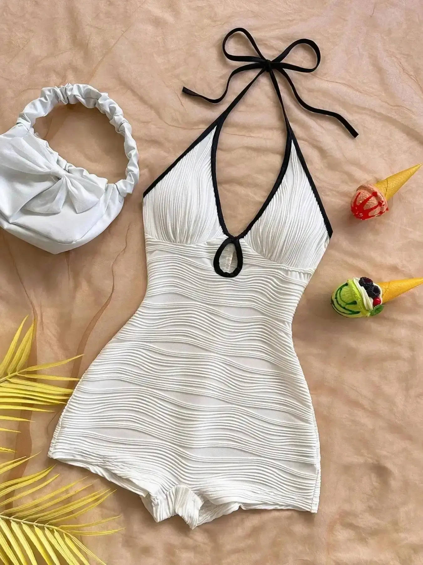 Sleek White Halter Neck Swim Romper with Black Trim, Textured Wave Pattern One-Piece Swimsuit, Y2K & Coquette Aesthetic, Slim Fit, Perfect for Beach, Pool Parties & Vacation, Swimwear, Beachwear Swimsuits, resort ready