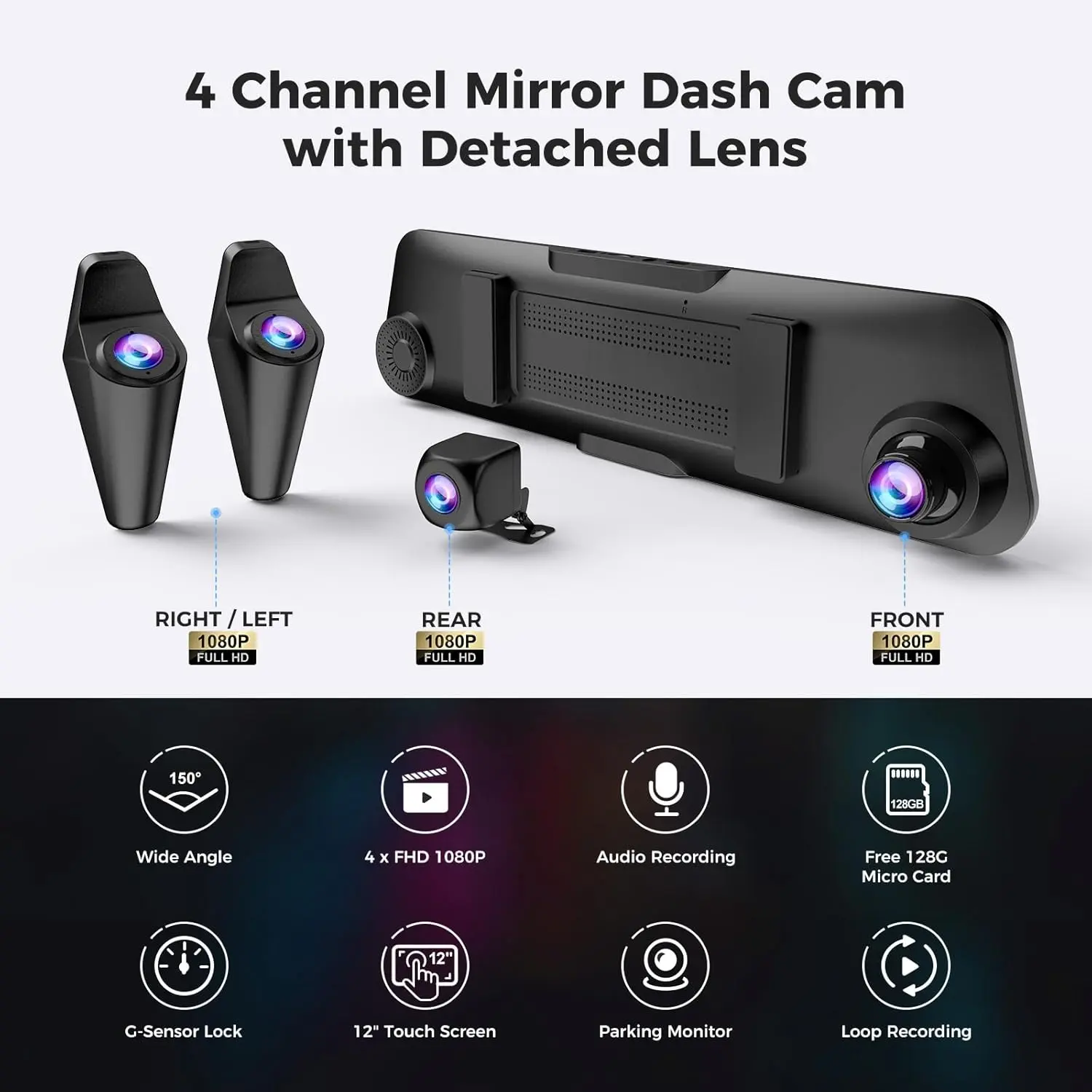 4 Channel Mirror Dash Cam Detached Camera FHD1080Px4,360 Degree View，Dash Cam ,Night Vision,GPS,Parking Monitor,Free 128GB Card，Hd Driving Recorder，Dashcam Vehicle Automotive Dvr，Rotatable Dashcam Video Dashcam